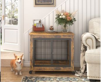 Rustic Brown Dog Crate Table with Wheels