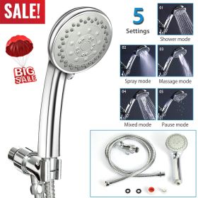 Handheld High Pressure Shower Head 5 Spray Settings Chrome