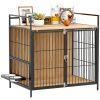 Dog Kennel Side Table with Bowls, Oak