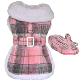 Sherpa-Lined Dog Harness Coat - Pink & White Plaid (size: X-Large)