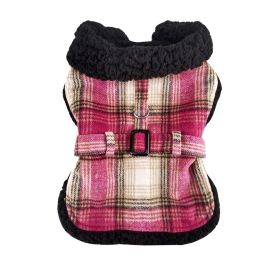 Sherpa-Lined Dog Harness Coat - Hot Pink & Tan Plaid (size: X-Large)
