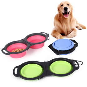 Pet Bowl Portable Double (Color: Blue)