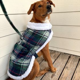 Sherpa-Lined Dog Harness Coat - Blue & Green Plaid (size: large)